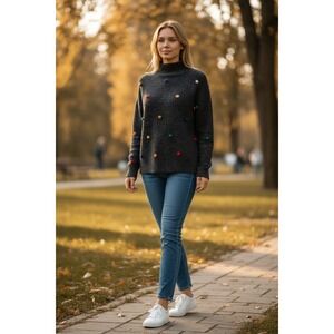 Sugar Lips Pom Pom Sweater Charcoal Gray Mock Neck Fun Cute Comfy Size Small